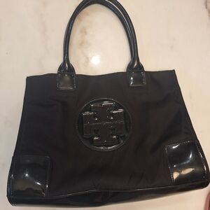 EUC Tory Burch Black Ella Leather & Canvas Tote